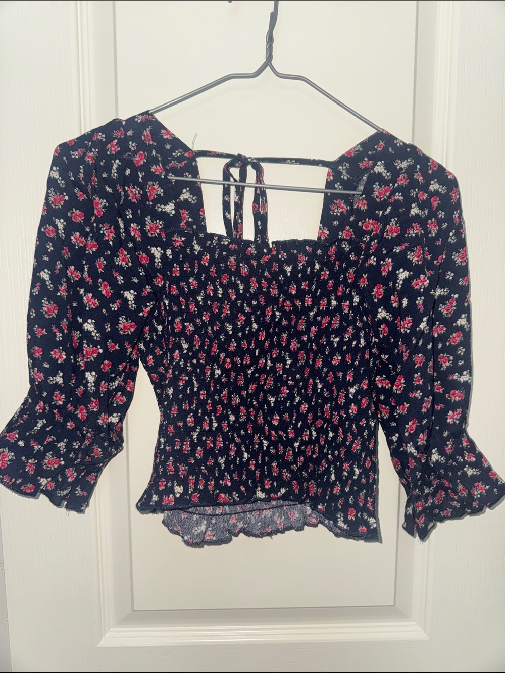 Smocked Square-Neck Floral Blouse - Black with Pink Floral